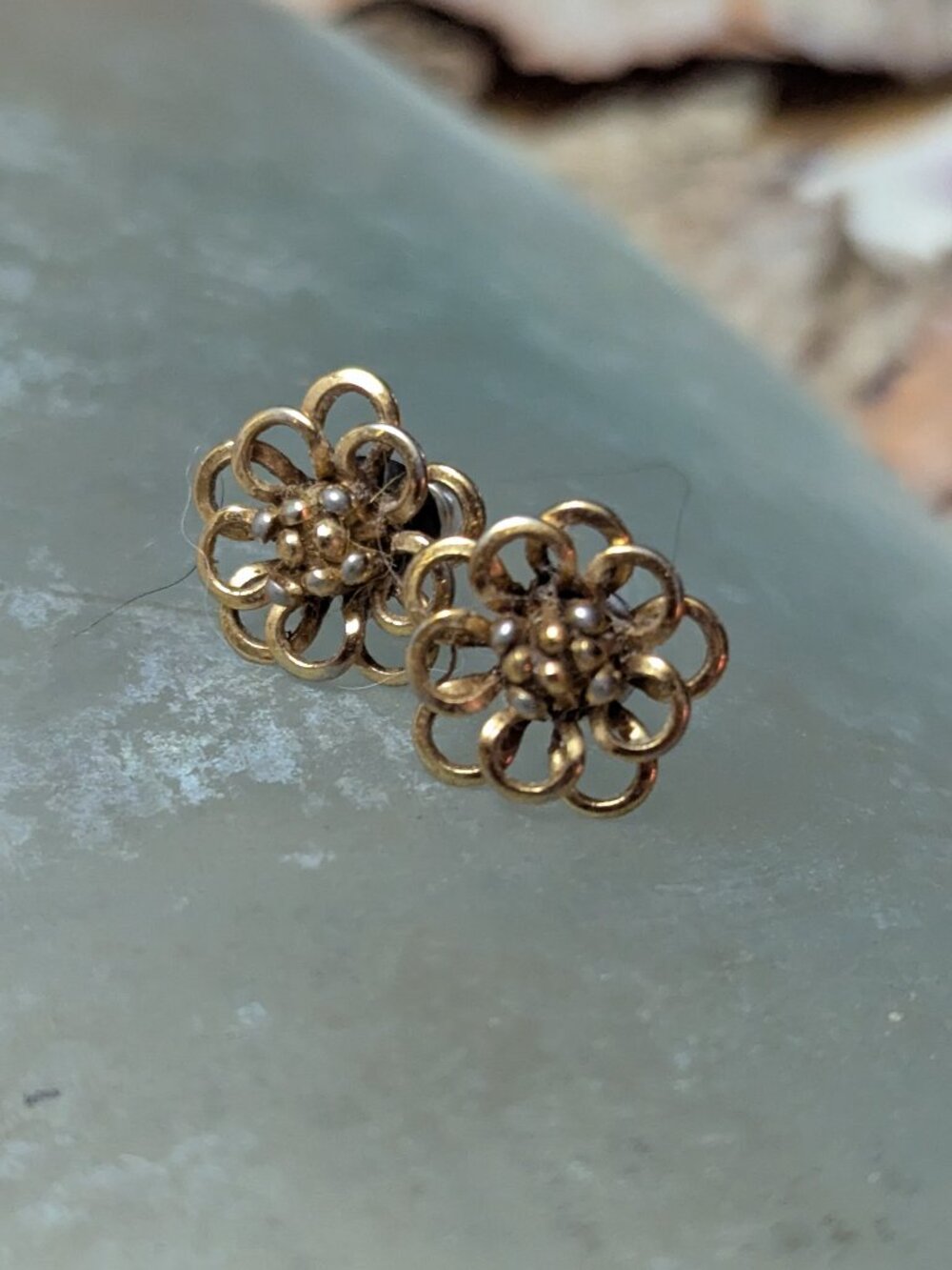 Vintage Gold Tone Wire Openwork 3D Flower Studded Earrings